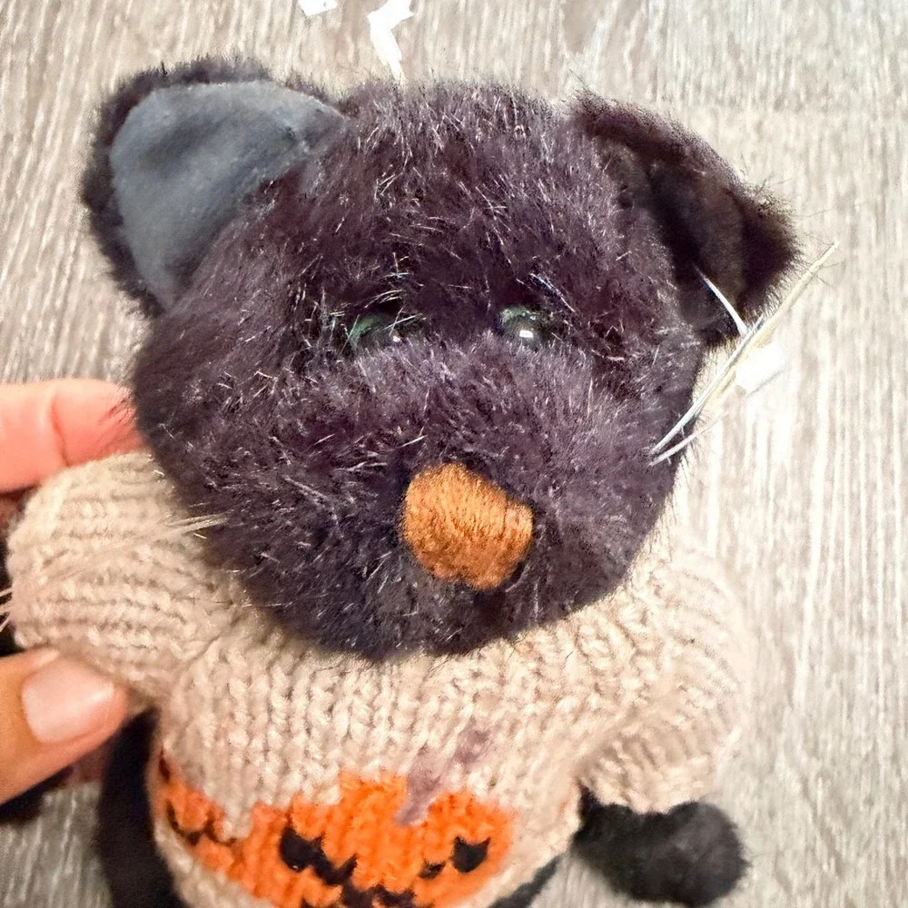 Spooky the Cat Halloween Plush Black Cat Pumpkin Knit Sweater Movable Limbs NWT